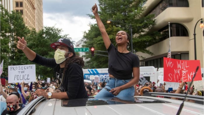 Protesters call for social justice in the death of George Floyd at the hands of police.